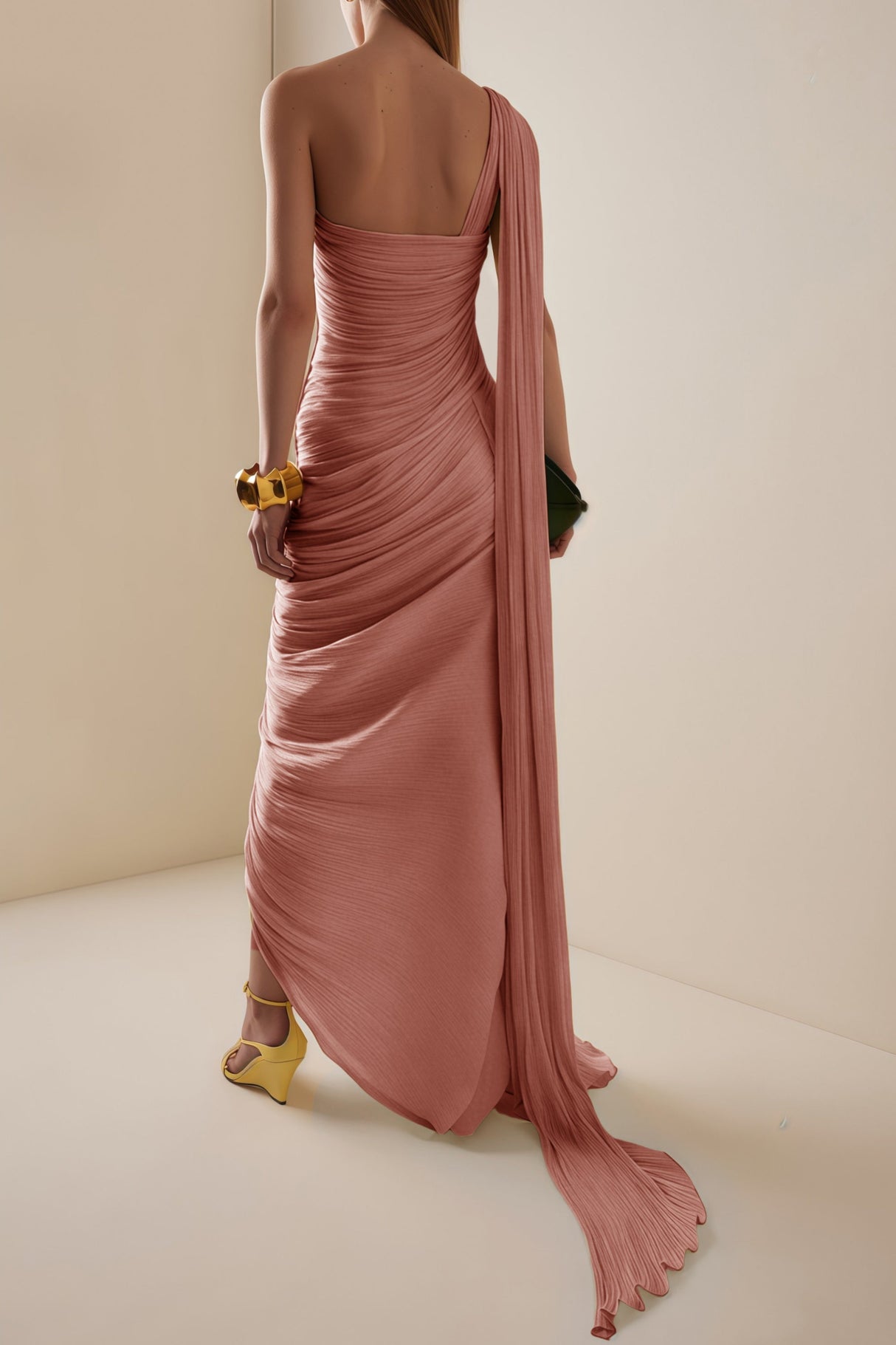 Cocon Asymmetrical Ruched Maxi Dress / Pink