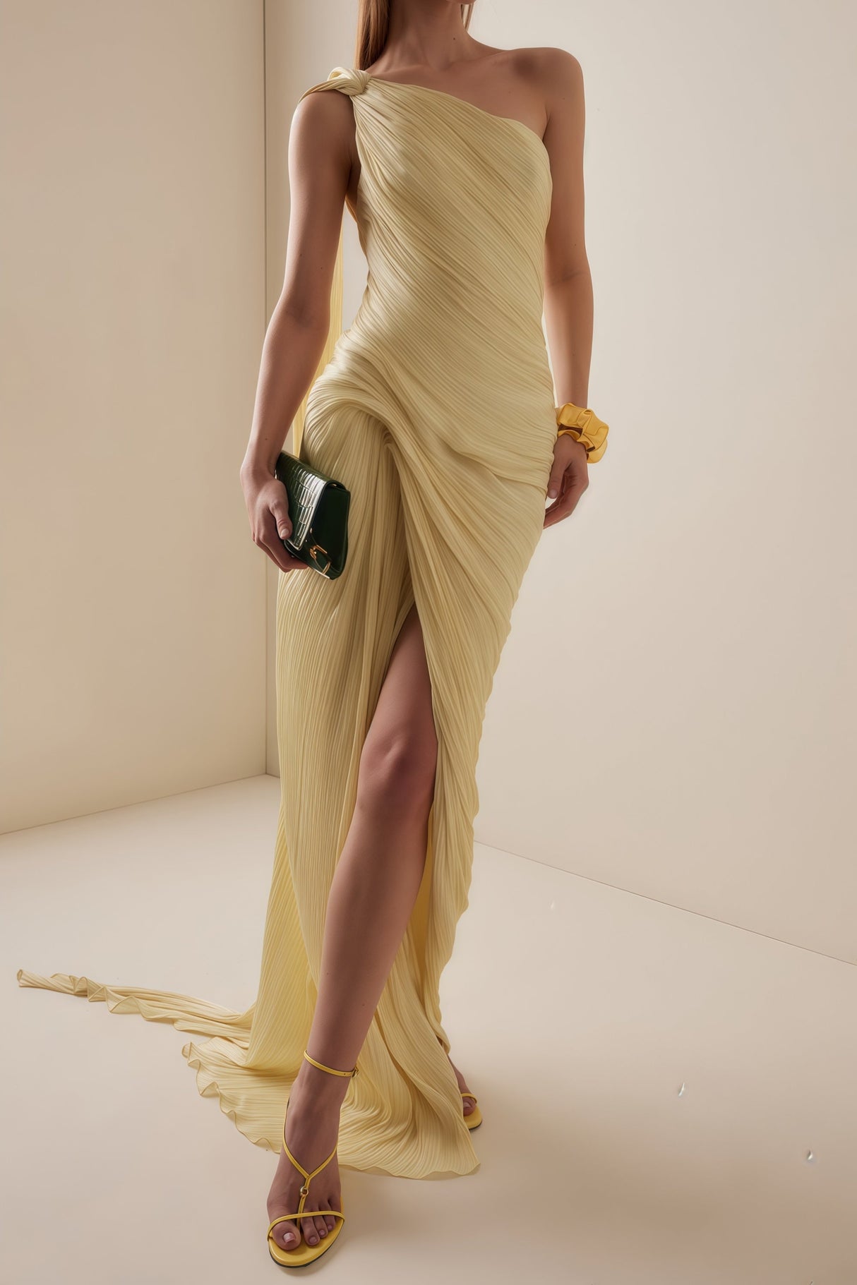 Cocon Asymmetrical Ruched Maxi Dress / Yellow