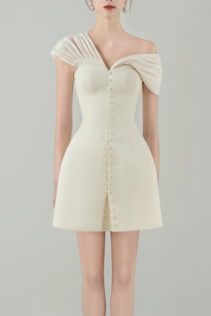 Josiane Cream White Plunge Neck Ruched Mini Dress