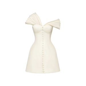 Josiane Cream White Plunge Neck Ruched Mini Dress