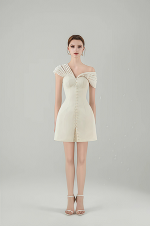 Josiane Cream White Plunge Neck Ruched Mini Dress