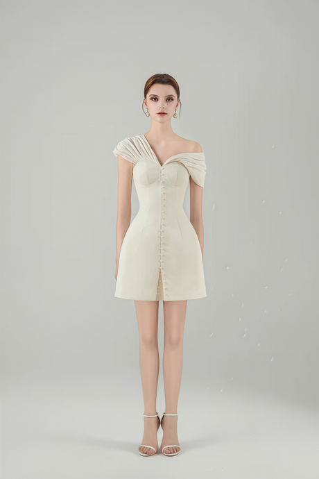Josiane Cream White Plunge Neck Ruched Mini Dress