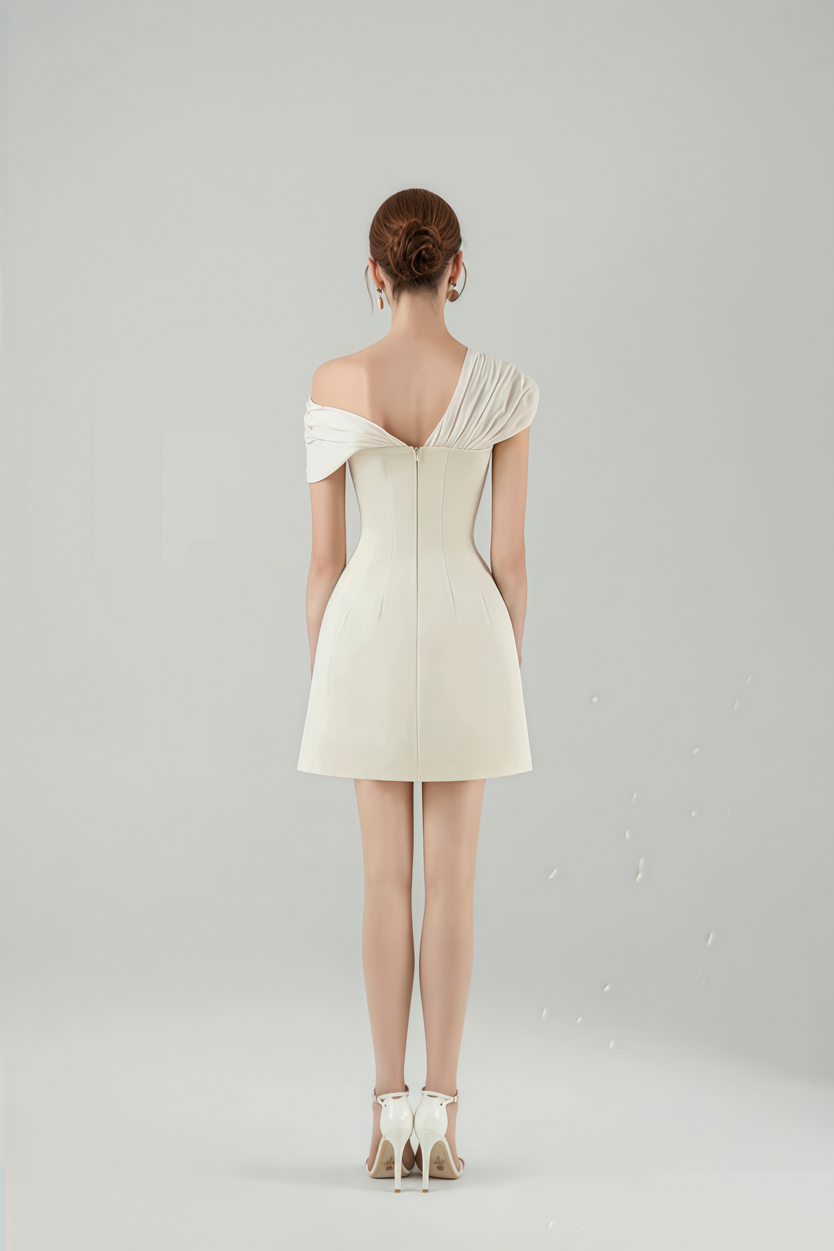 Josiane Cream White Plunge Neck Ruched Mini Dress