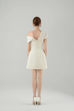 Josiane Cream White Plunge Neck Ruched Mini Dress