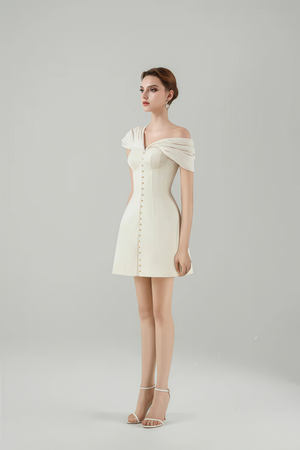 Josiane Cream White Plunge Neck Ruched Mini Dress