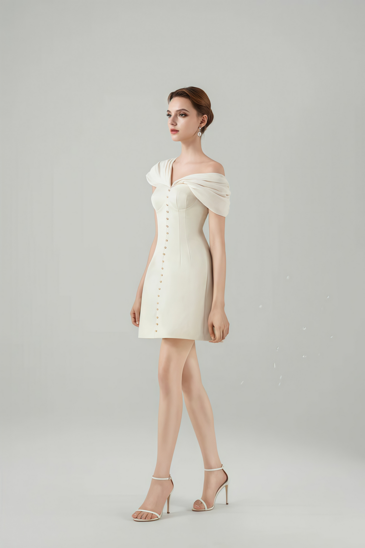 Josiane Cream White Plunge Neck Ruched Mini Dress