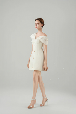 Josiane Cream White Plunge Neck Ruched Mini Dress
