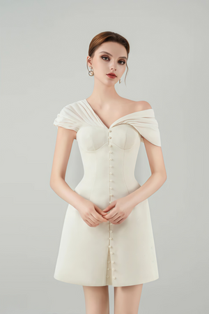 Josiane Cream White Plunge Neck Ruched Mini Dress