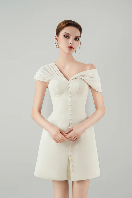 Josiane Cream White Plunge Neck Ruched Mini Dress