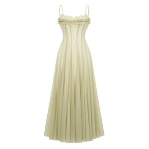 Olympe Ruffled Shirred Tulle Maxi Dress Green