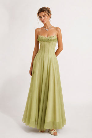 Olympe Ruffled Shirred Tulle Maxi Dress Green