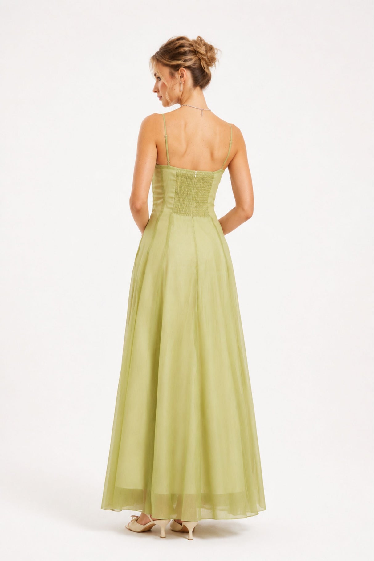 Olympe Ruffled Shirred Tulle Maxi Dress Green