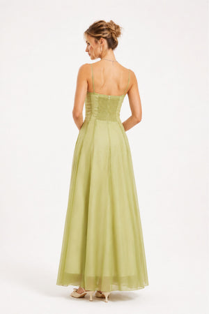 Olympe Ruffled Shirred Tulle Maxi Dress Green