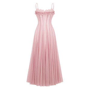Olympe Ruffled Shirred Tulle Maxi Dress Pink