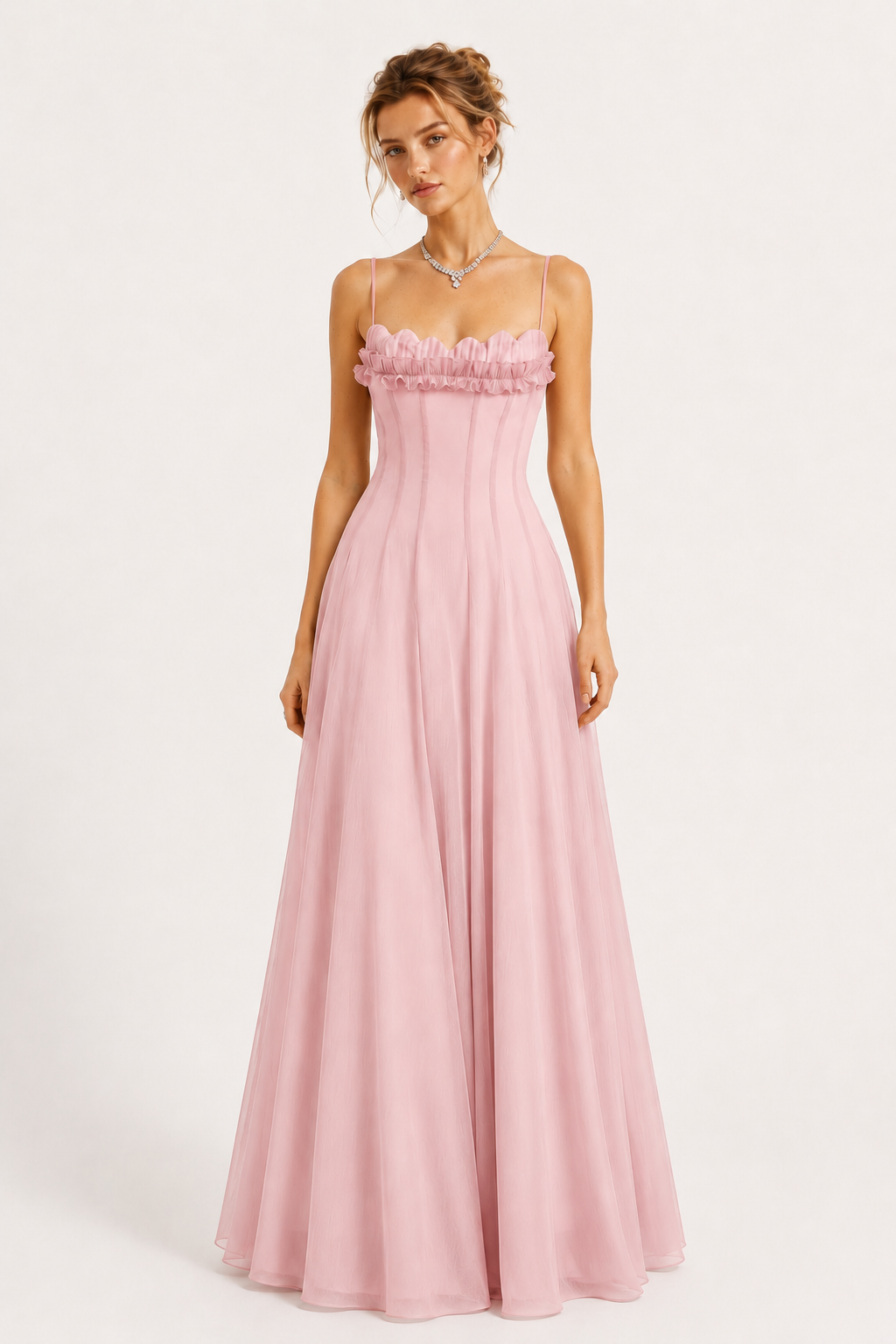 Olympe Ruffled Shirred Tulle Maxi Dress Pink