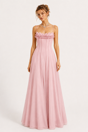 Olympe Ruffled Shirred Tulle Maxi Dress Pink