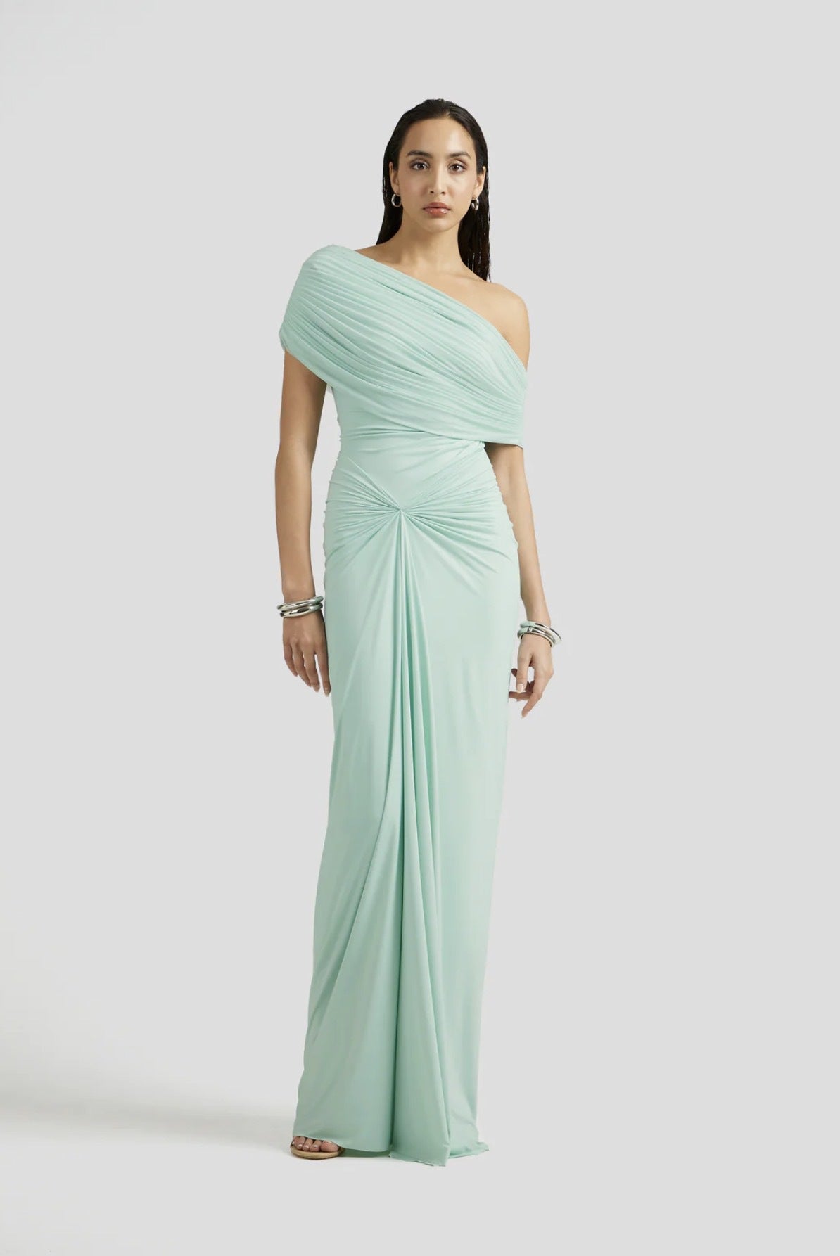 Osmanthe Asymmetrical Ruched Tulle Maxi Dress / Green
