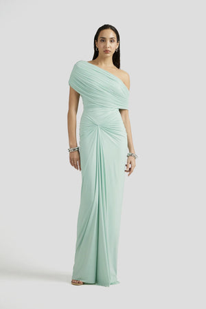 Osmanthe Asymmetrical Ruched Tulle Maxi Dress / Green
