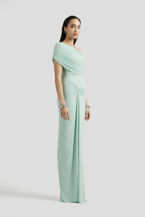 Osmanthe Asymmetrical Ruched Tulle Maxi Dress / Green