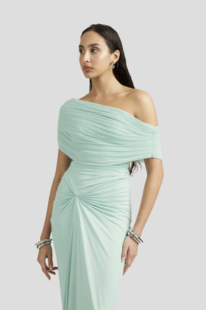 Osmanthe Asymmetrical Ruched Tulle Maxi Dress / Green