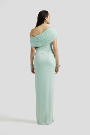 Osmanthe Asymmetrical Ruched Tulle Maxi Dress / Green