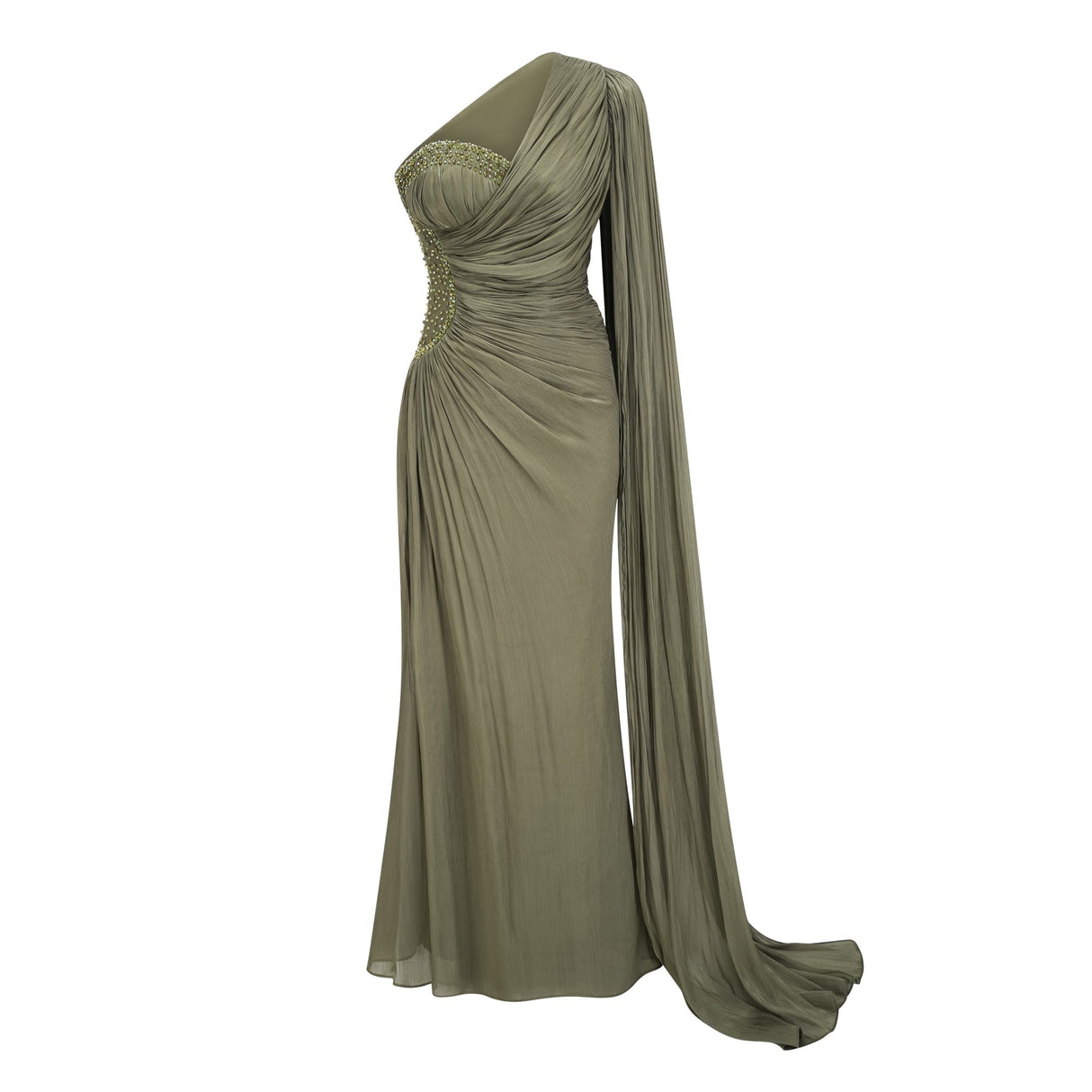 Tiphaine One Shoulder Ruched Maxi Dress / Green