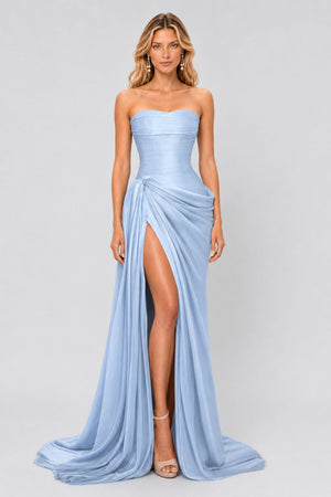 Vanessa Strapless Corset Ruched Maxi Dress / Blue
