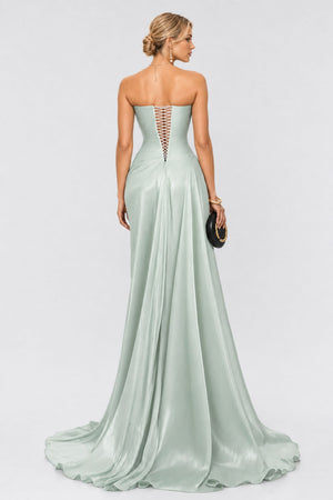 Vanessa Strapless Corset Ruched Maxi Dress / Green