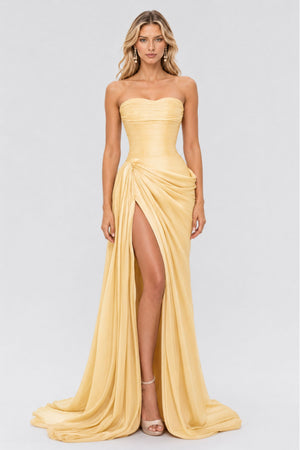 Vanessa Strapless Corset Ruched Maxi Dress / Yellow
