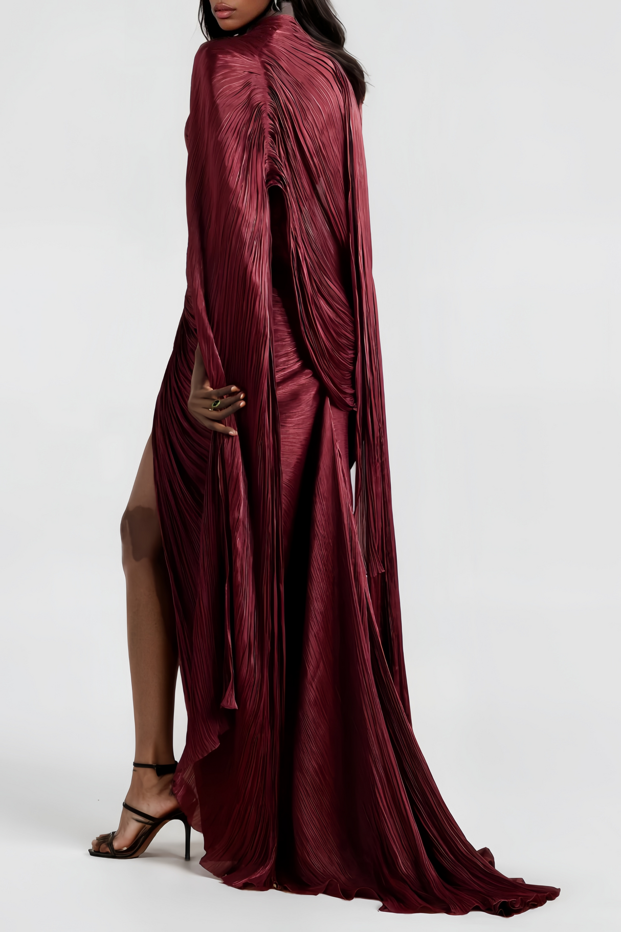 Vandale Strapless High Slit Cape Maxi Dress / Burgundy
